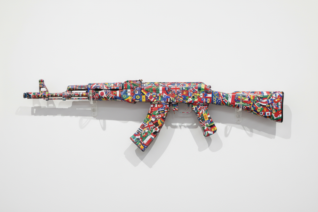 ak47 gun is horizontally hanged on white wall, the gun shape have design of all country flags