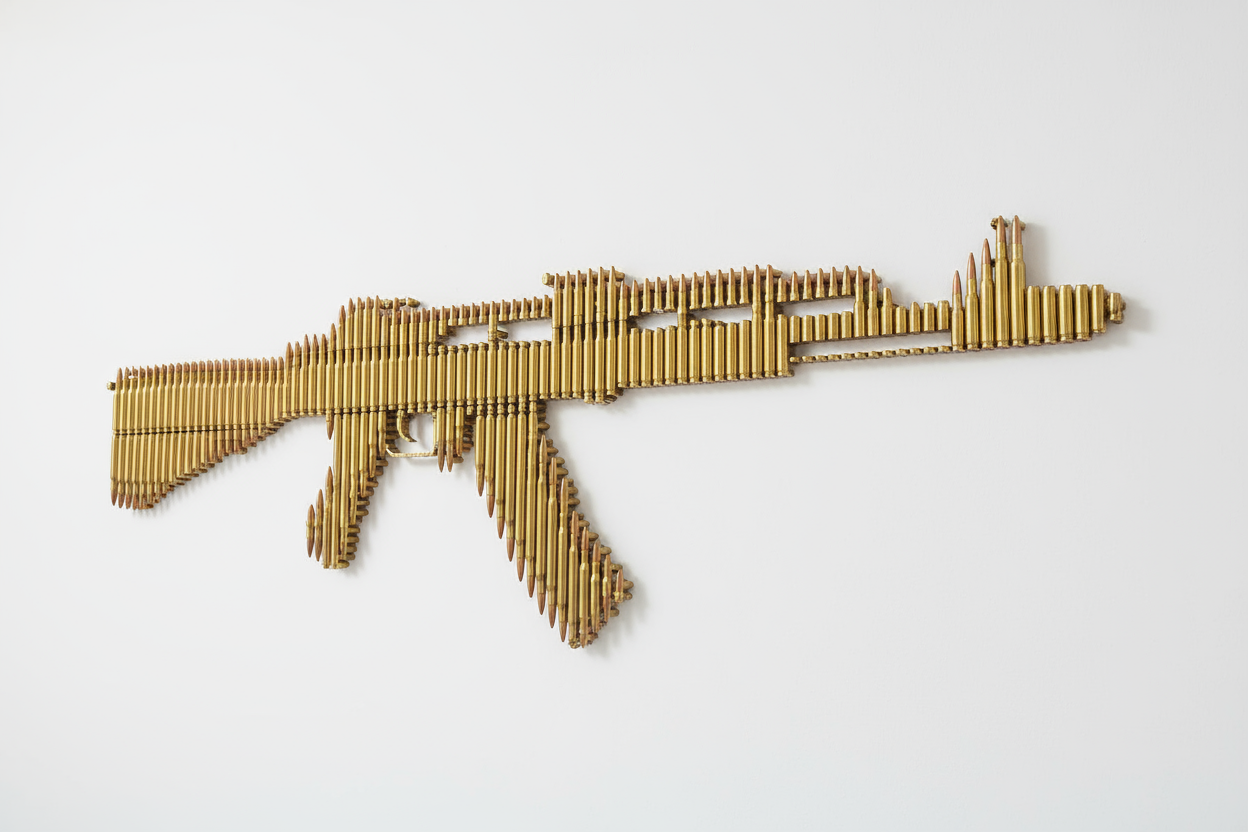 ak47 shape gun hanging on white wall but shape is made out of many gold gun bullets vertically standing making the gun shape ak47