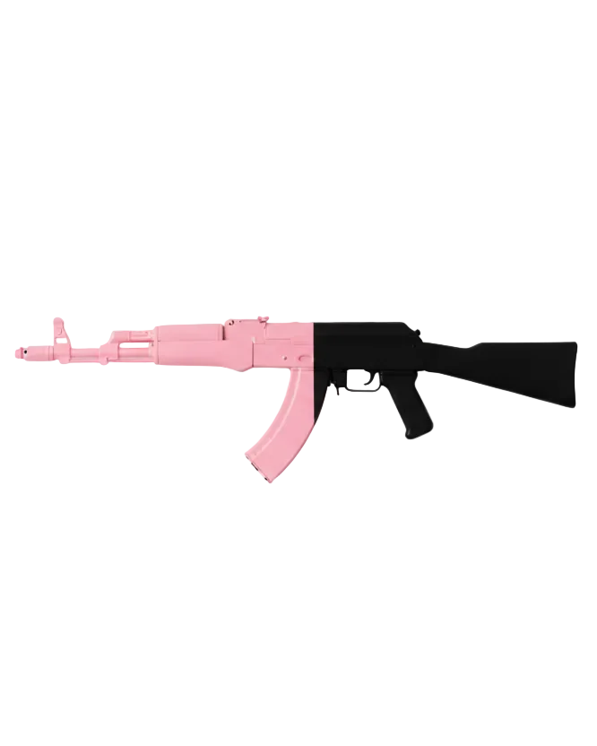 solid colour shape of ak47 gun hald pink half black is hanged on white wall